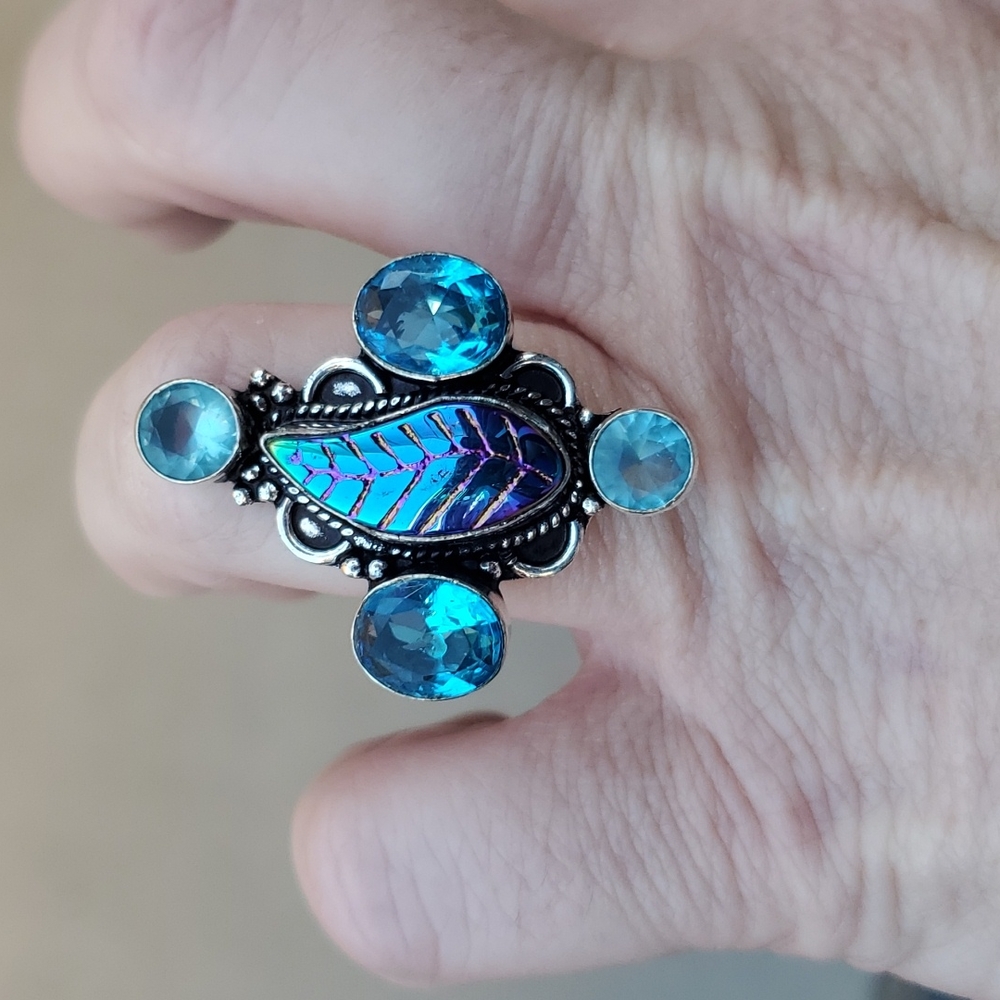 New Carved Rainbow Hematite & Blue Topaz 925 Silver Ring.